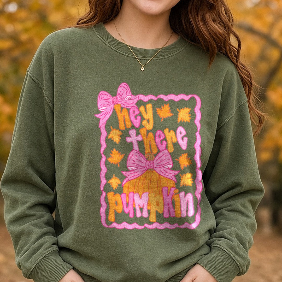 hey-there-pumpkin-doodle-bow2 DTF transfer shown on a Comfort Colors sweatshirt