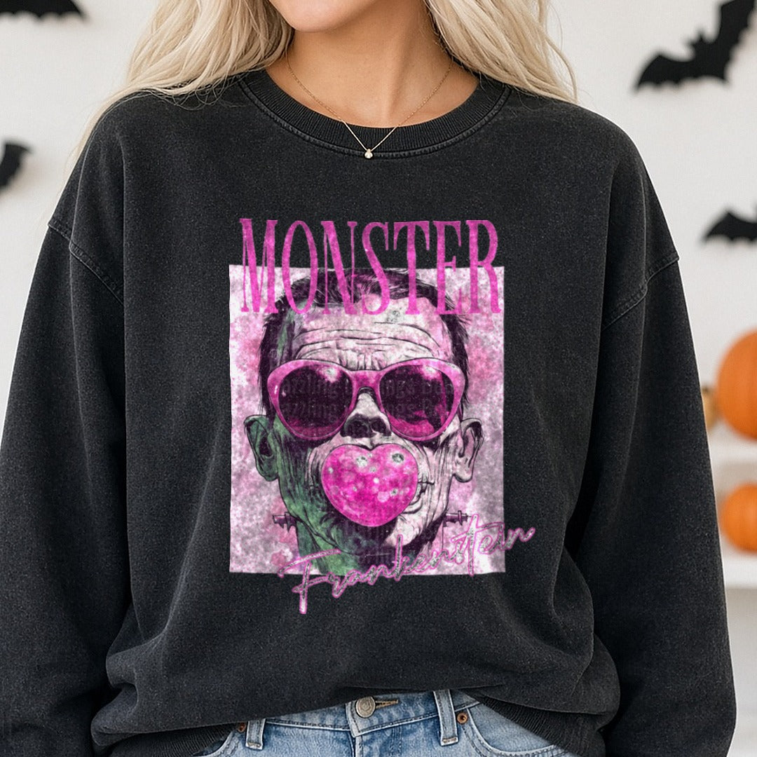 Frankenstein DTF transfer shown on a Comfort Colors sweatshirt