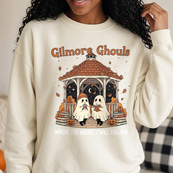 Gilmore Ghouls Where You Haunt I Will Follow Ghosts Gazebo Halloween DTF transfer shown on a Comfort Colors sweatshirt