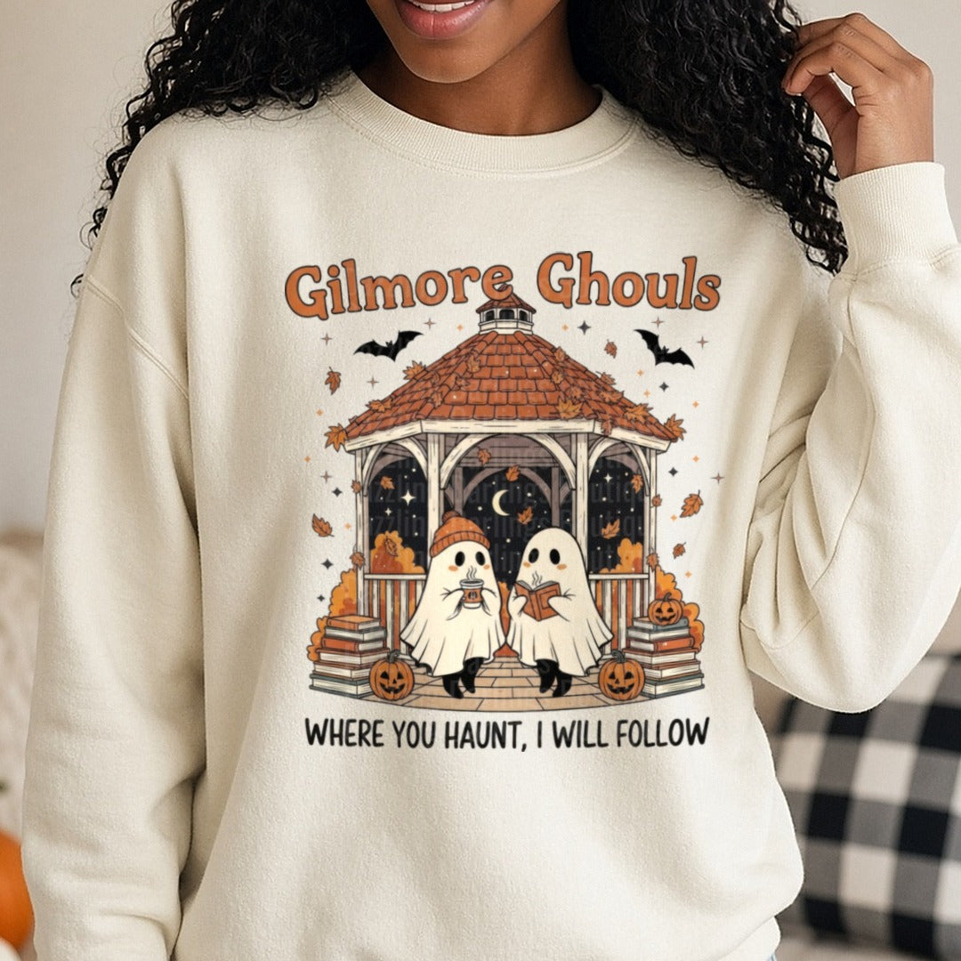 Gilmore Ghouls Where You Haunt I Will Follow Ghosts Gazebo Bats Halloween DTF transfer shown on a Comfort Colors sweatshirt