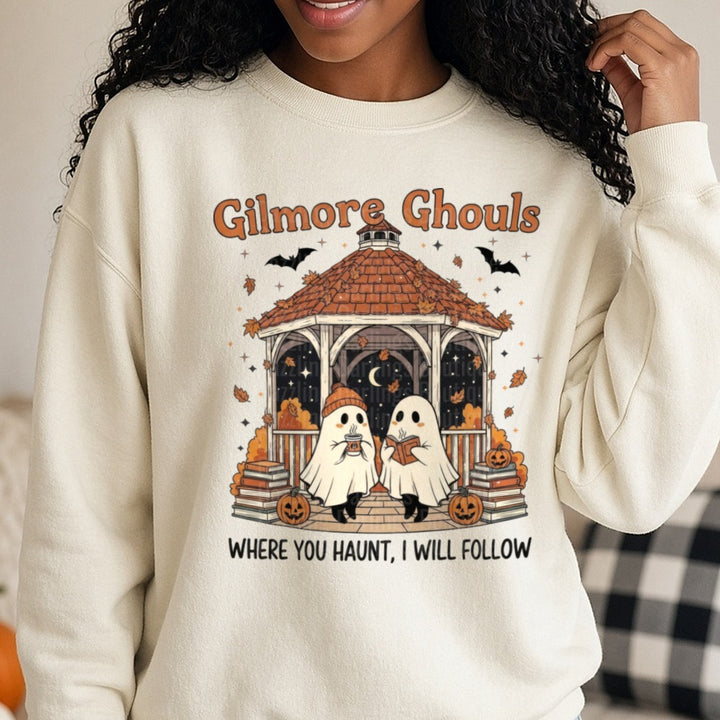 Gilmore Ghouls Where You Haunt I Will Follow Ghosts Gazebo Bats Halloween DTF transfer shown on a Comfort Colors sweatshirt