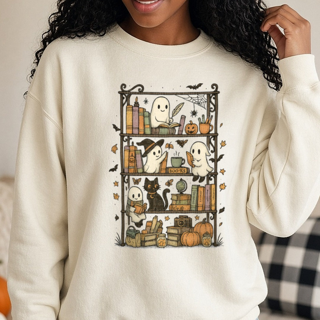 libraryghost DTF transfer shown on a Comfort Colors sweatshirt
