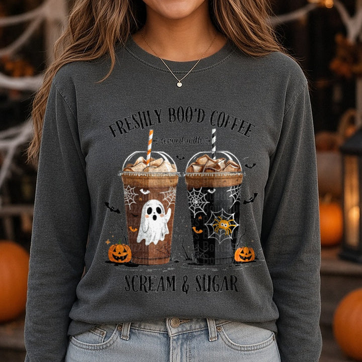 Freshly Boo'd Coffee Served With Scream & Sugar Halloween DTF transfer shown on a Comfort Colors long sleeve tee