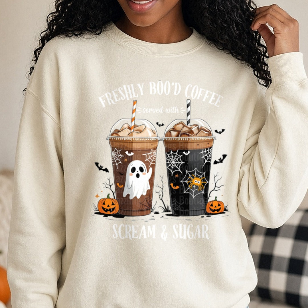 Freshly Boo'd Coffee Scream & Sugar Ghost Iced Coffee DTF transfer shown on a Comfort Colors sweatshirt