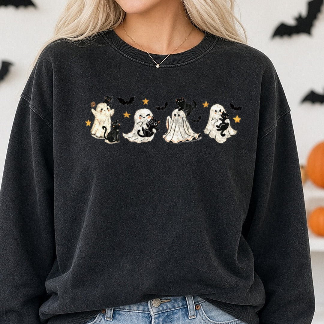 Cute Ghosts Black Cats Stars Halloween Border DTF transfer shown on a Comfort Colors sweatshirt