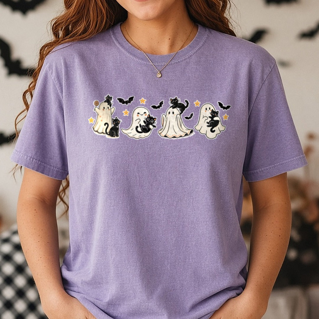 Cute Ghosts Black Cats Bats Halloween Border DTF transfer shown on a Comfort Colors tee