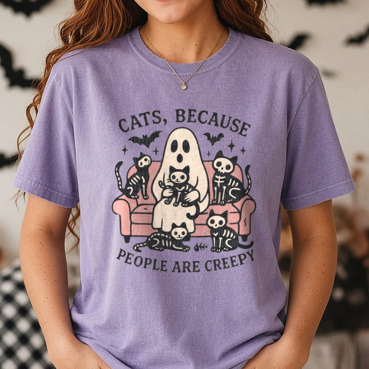 Cats Because People Are Creepy Ghost Skeleton Cats Halloween DTF transfer shown on a Comfort Colors tee