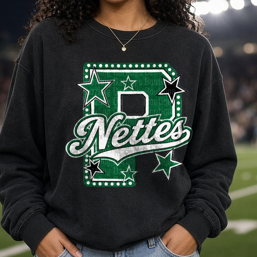Green P Letter Nettes Script Stars Spirit Logo DTF transfer shown on a Comfort Colors sweatshirt