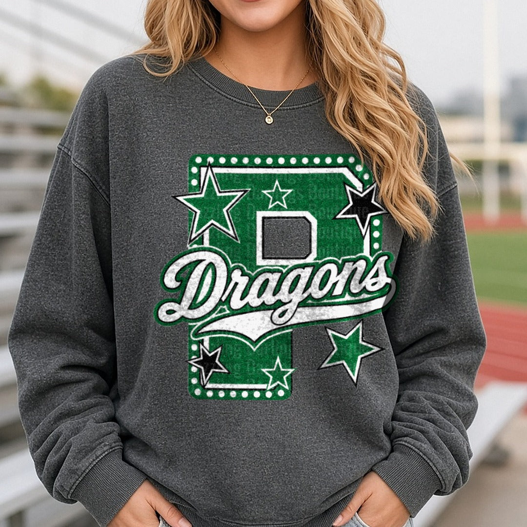 Green Dragons Letter P Stars School Spirit Logo DTF transfer shown on a Comfort Colors sweatshirt