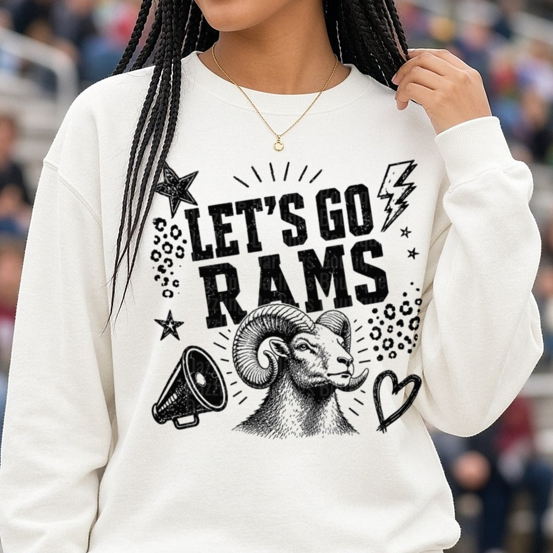 Let's Go Rams Spirit Ram Head with Stars and Megaphone DTF transfer shown on a Comfort Colors sweatshirt
