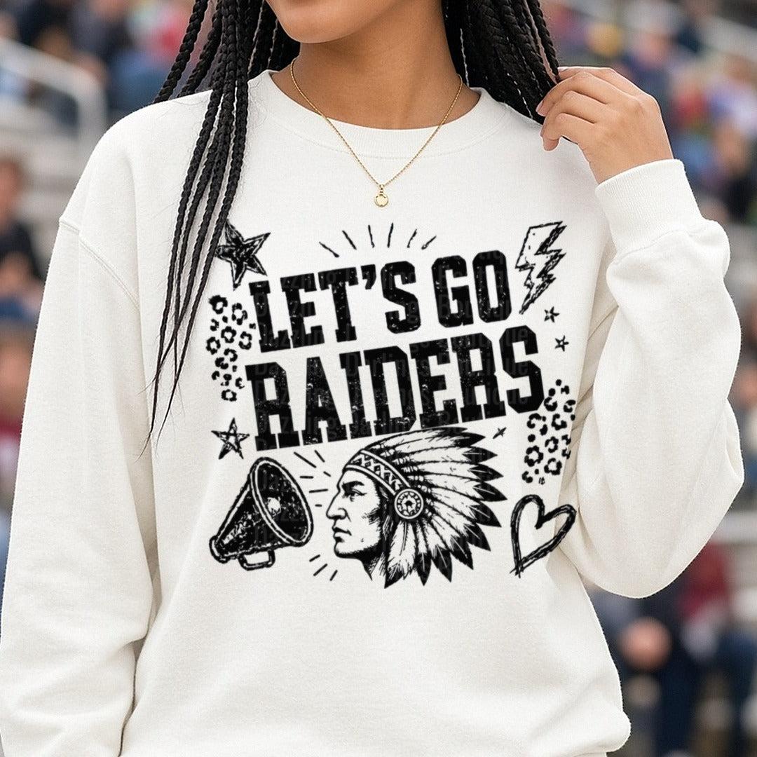 Let's Go Raiders Native Chief Mascot Spirit Design DTF transfer shown on a Comfort Colors sweatshirt