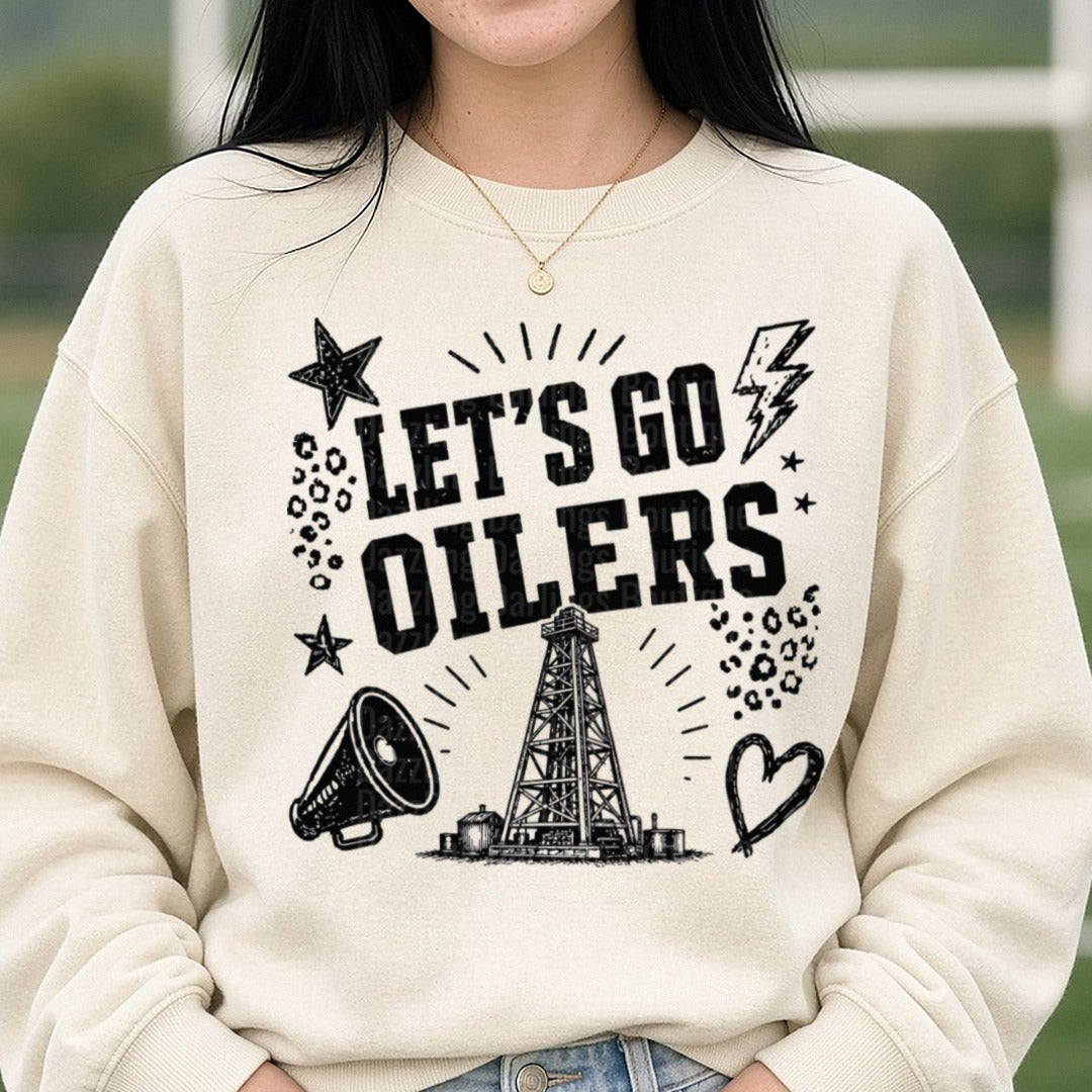 Let's Go Oilers Oil Derrick Leopard Print Spirit Design DTF transfer shown on a Comfort Colors sweatshirt