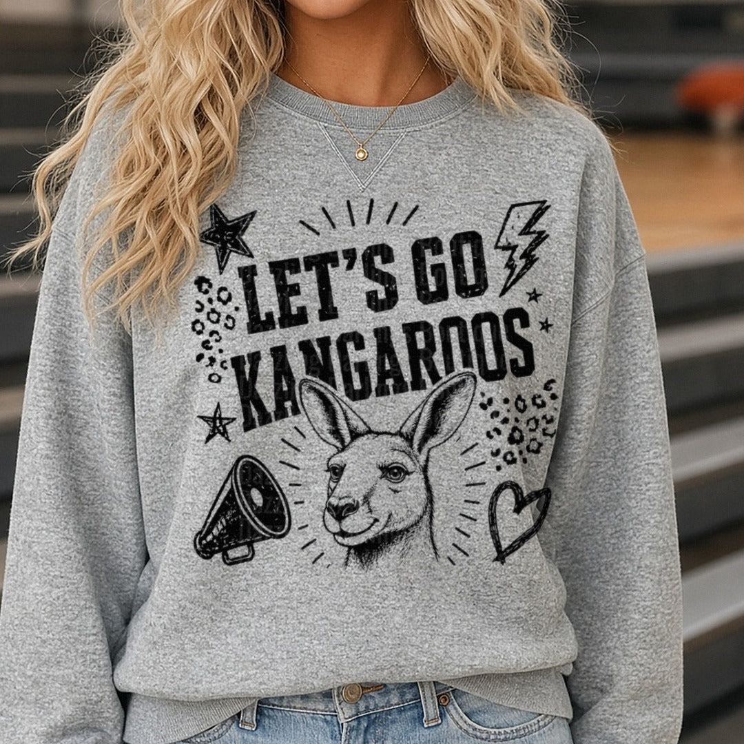 Let's Go Kangaroos Spirit Design with Megaphone and Stars DTF transfer shown on a Comfort Colors sweatshirt