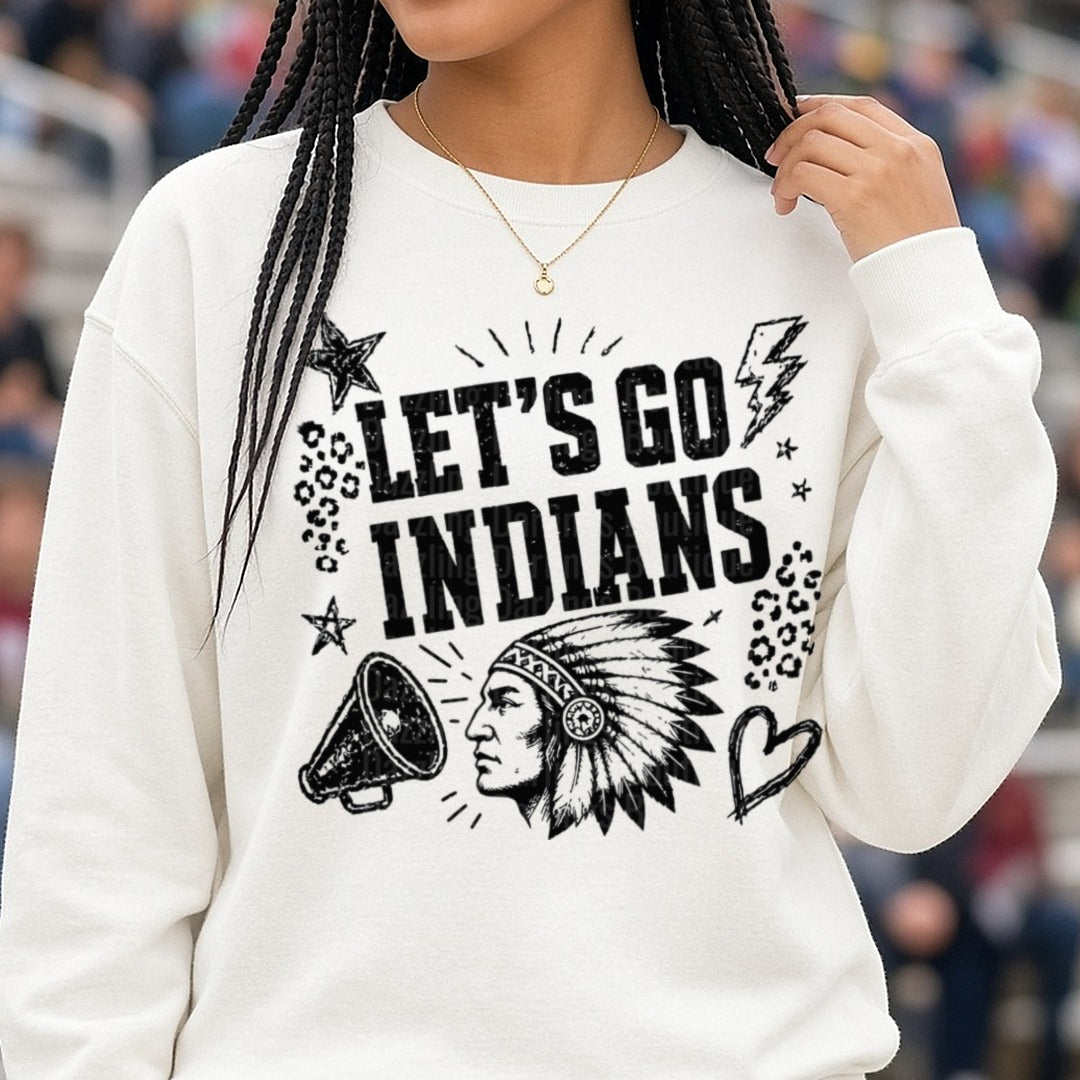 Let's Go Indians Chief Headdress Spirit Cheer Graphic DTF transfer shown on a Comfort Colors sweatshirt