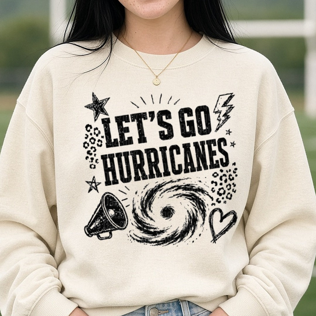 Let's Go Hurricanes Grunge Spirit Megaphone Swirl Design DTF transfer shown on a Comfort Colors sweatshirt