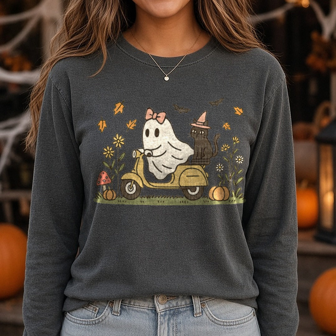 Ghost Scooter fall DTF transfer shown on a Comfort Colors long sleeve tee