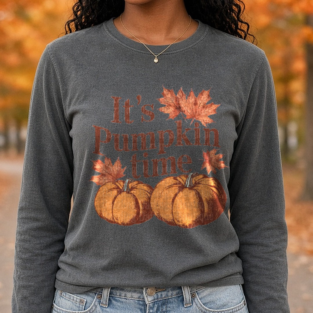 It's Pumpkin Time DTF transfer shown on a Comfort Colors long sleeve tee