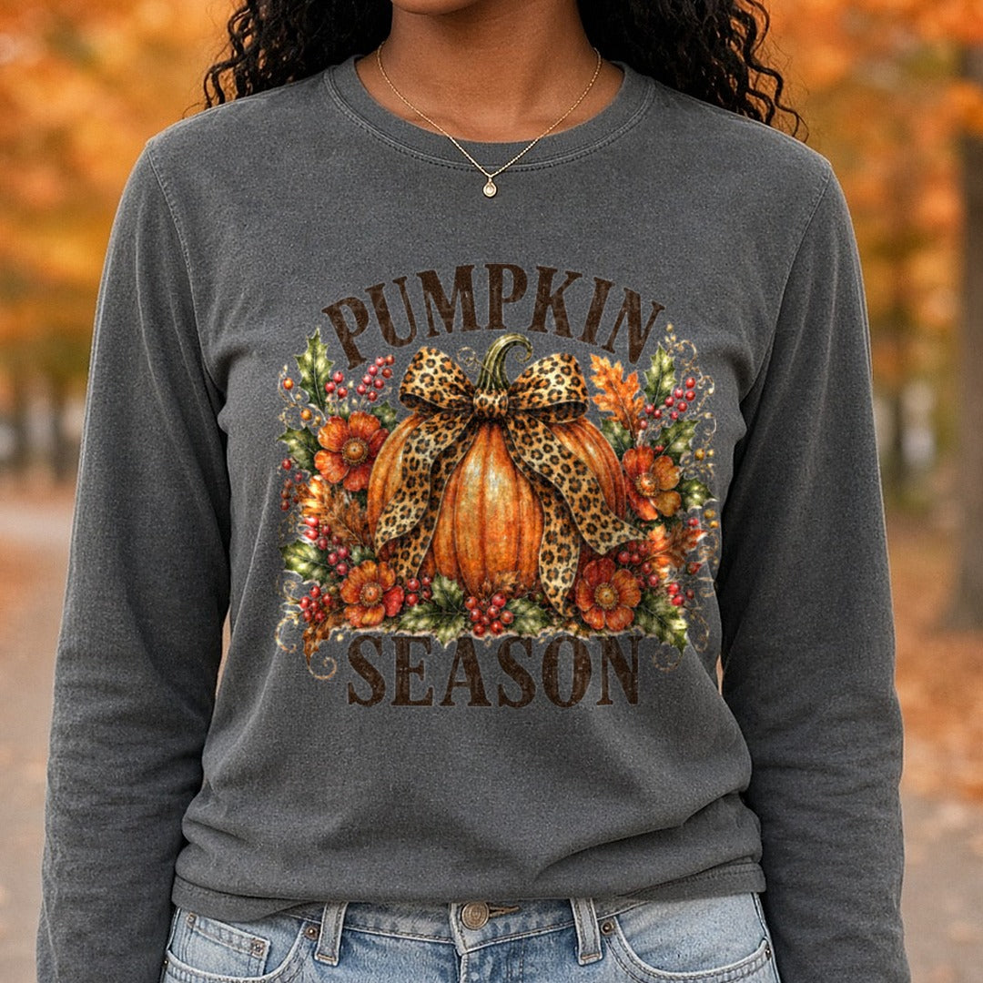 Pumpkin Season Leopard Bow DTF transfer shown on a Comfort Colors long sleeve tee