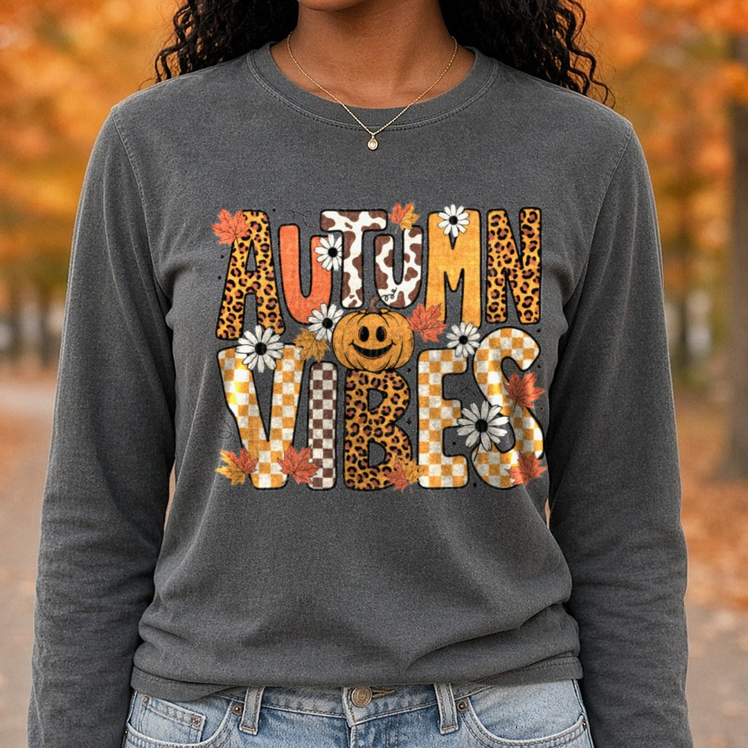 Autumn Vibes DTF transfer shown on a Comfort Colors long sleeve tee