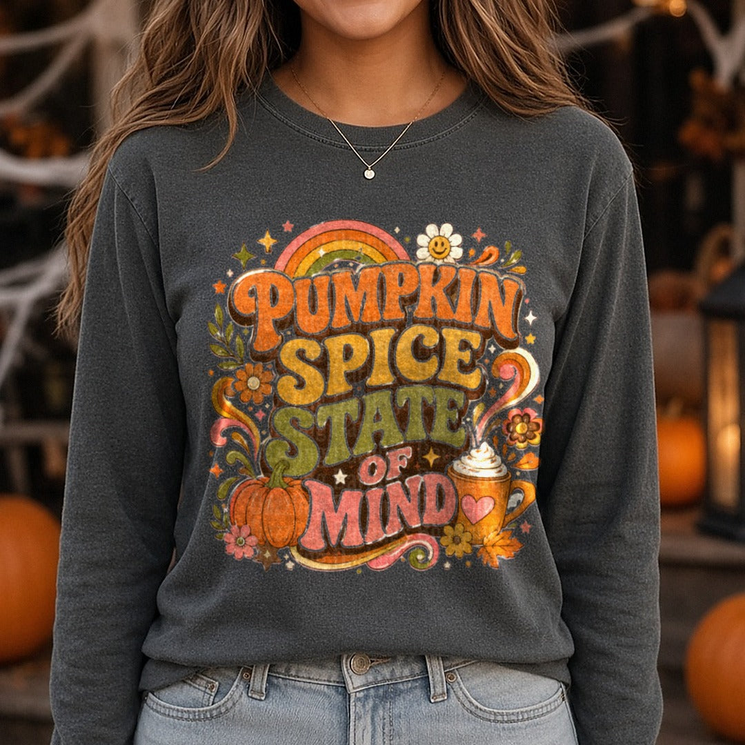 Pumpkin Spice State of Mind DTF transfer shown on a Comfort Colors long sleeve tee