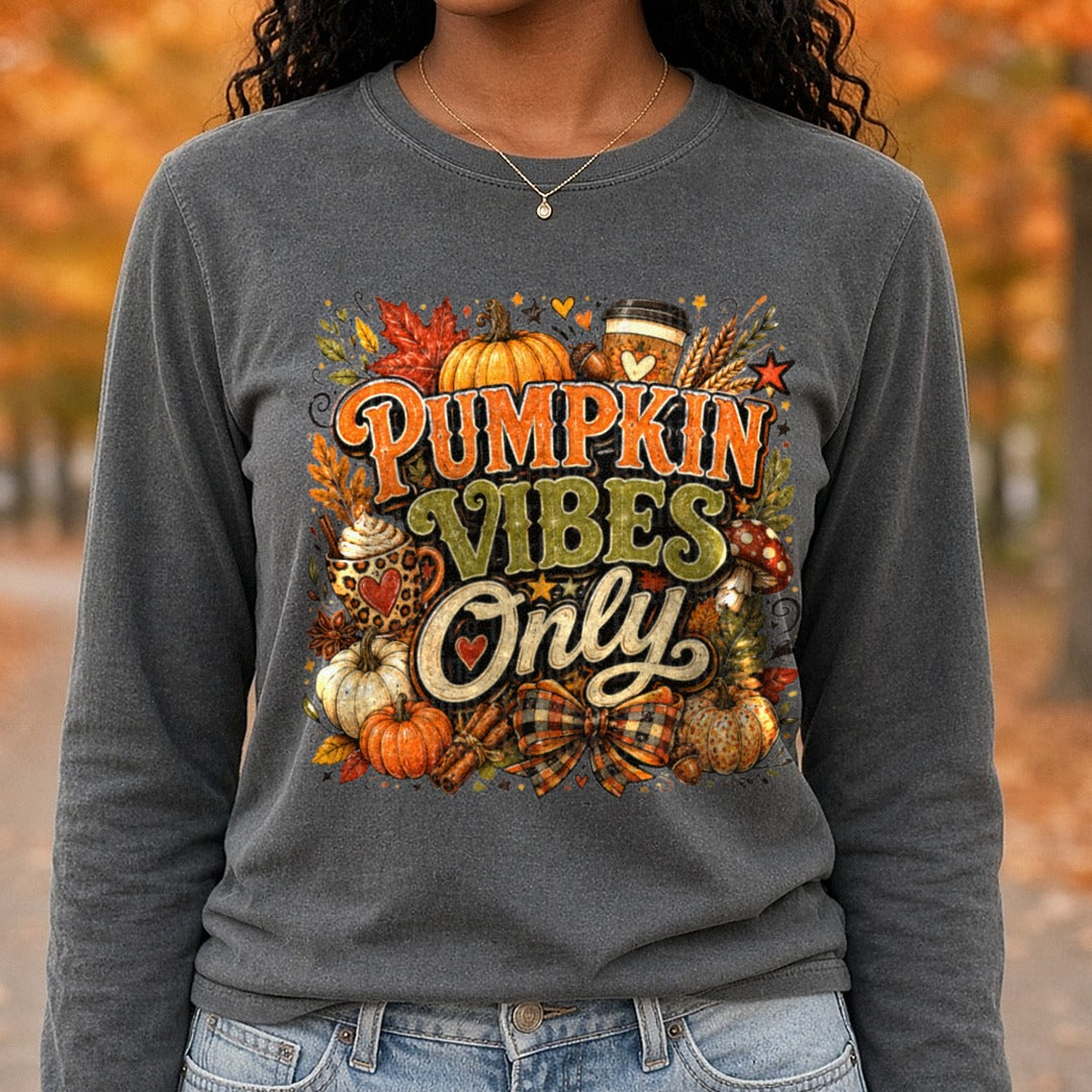 Pumpkin Vibes Only DTF transfer shown on a Comfort Colors long sleeve tee