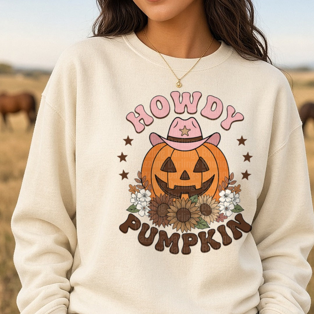 Howdy Pumpkin DTF transfer shown on a Comfort Colors sweatshirt