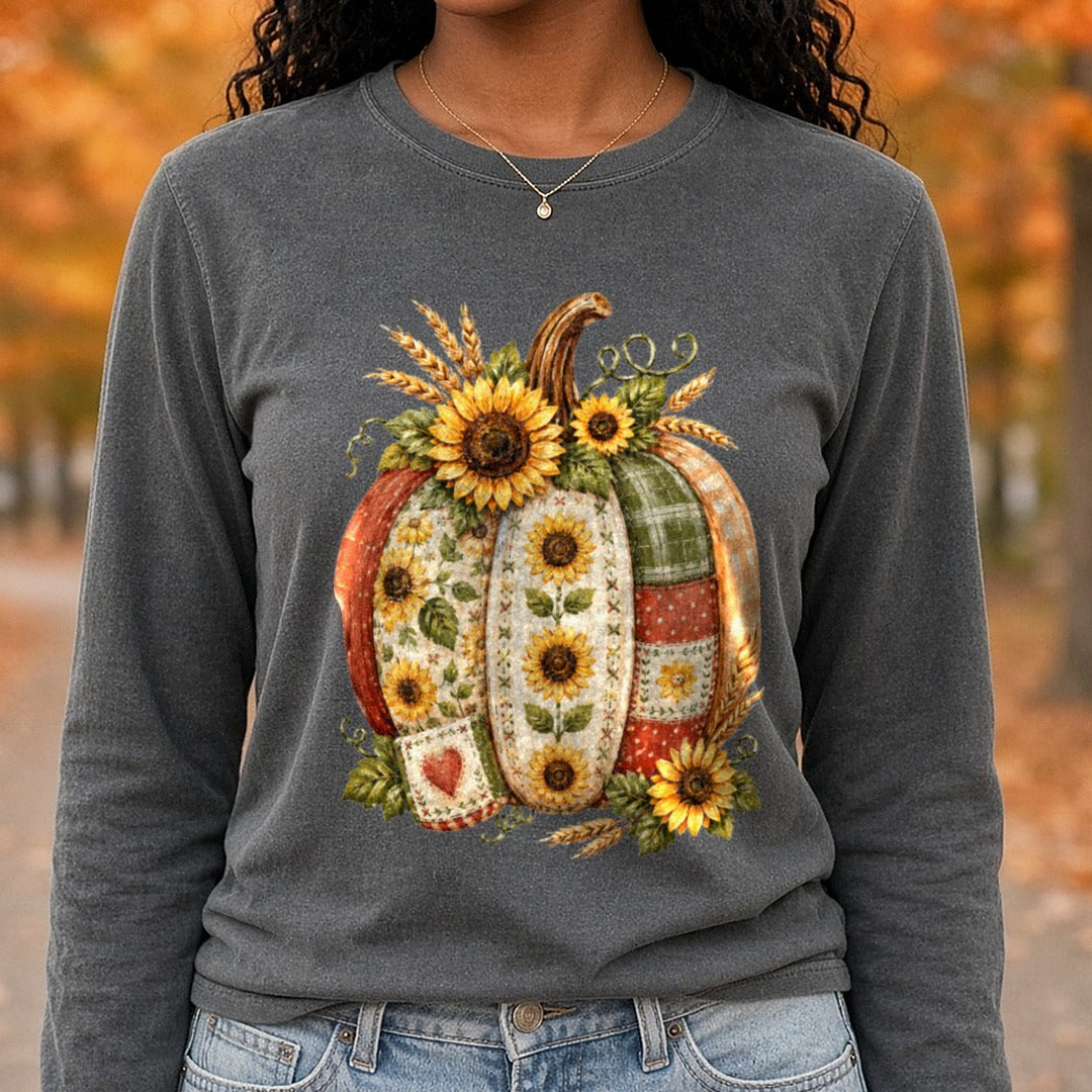 Sunflower Pumpkin DTF transfer shown on a Comfort Colors long sleeve tee