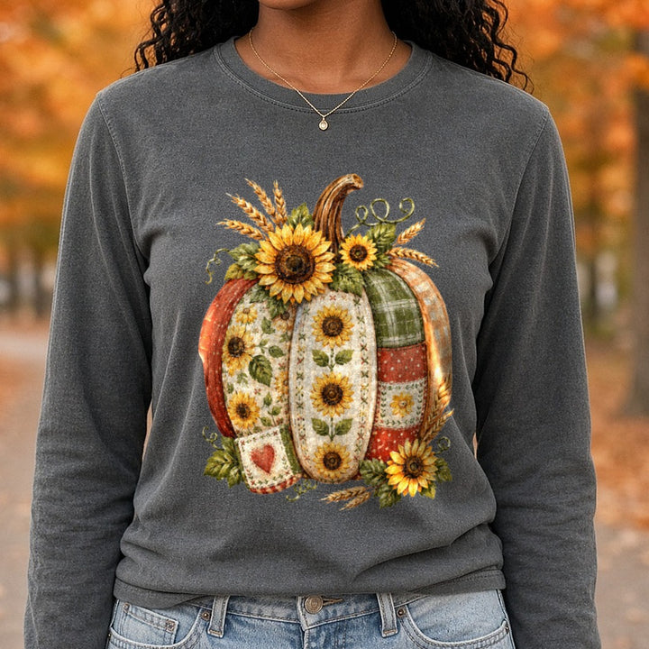 Sunflower Pumpkin DTF transfer shown on a Comfort Colors long sleeve tee