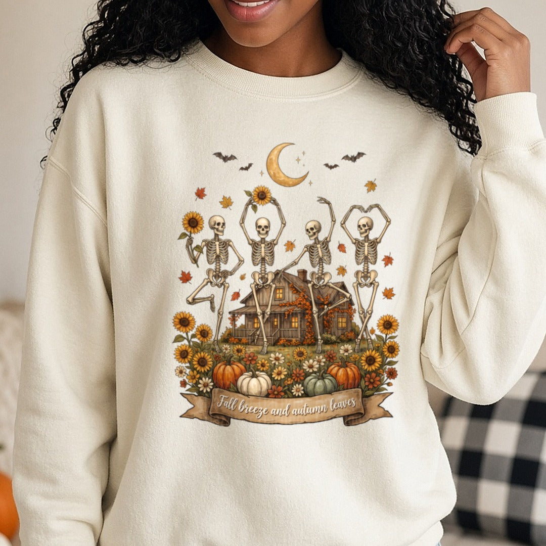 Dancing Skeleton DTF transfer shown on a Comfort Colors sweatshirt