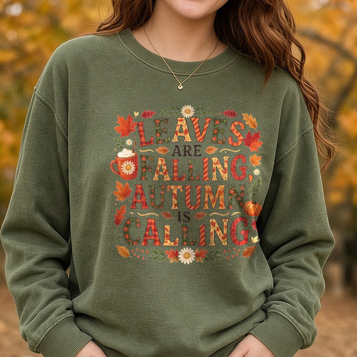 Retro Leaves Are Falling DTF transfer shown on a Comfort Colors sweatshirt