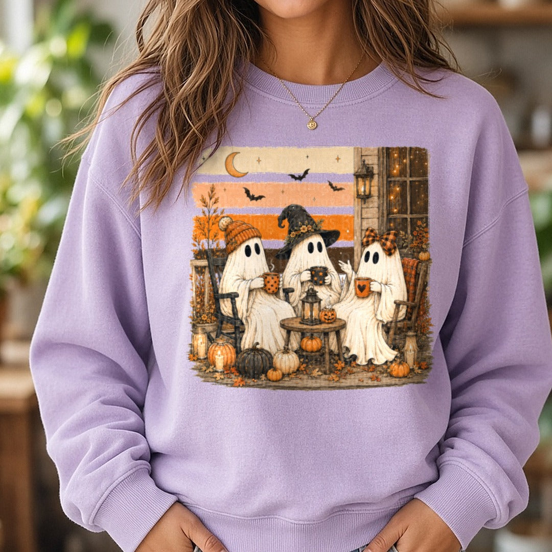 Ghosts Gathering DTF transfer shown on a Comfort Colors sweatshirt