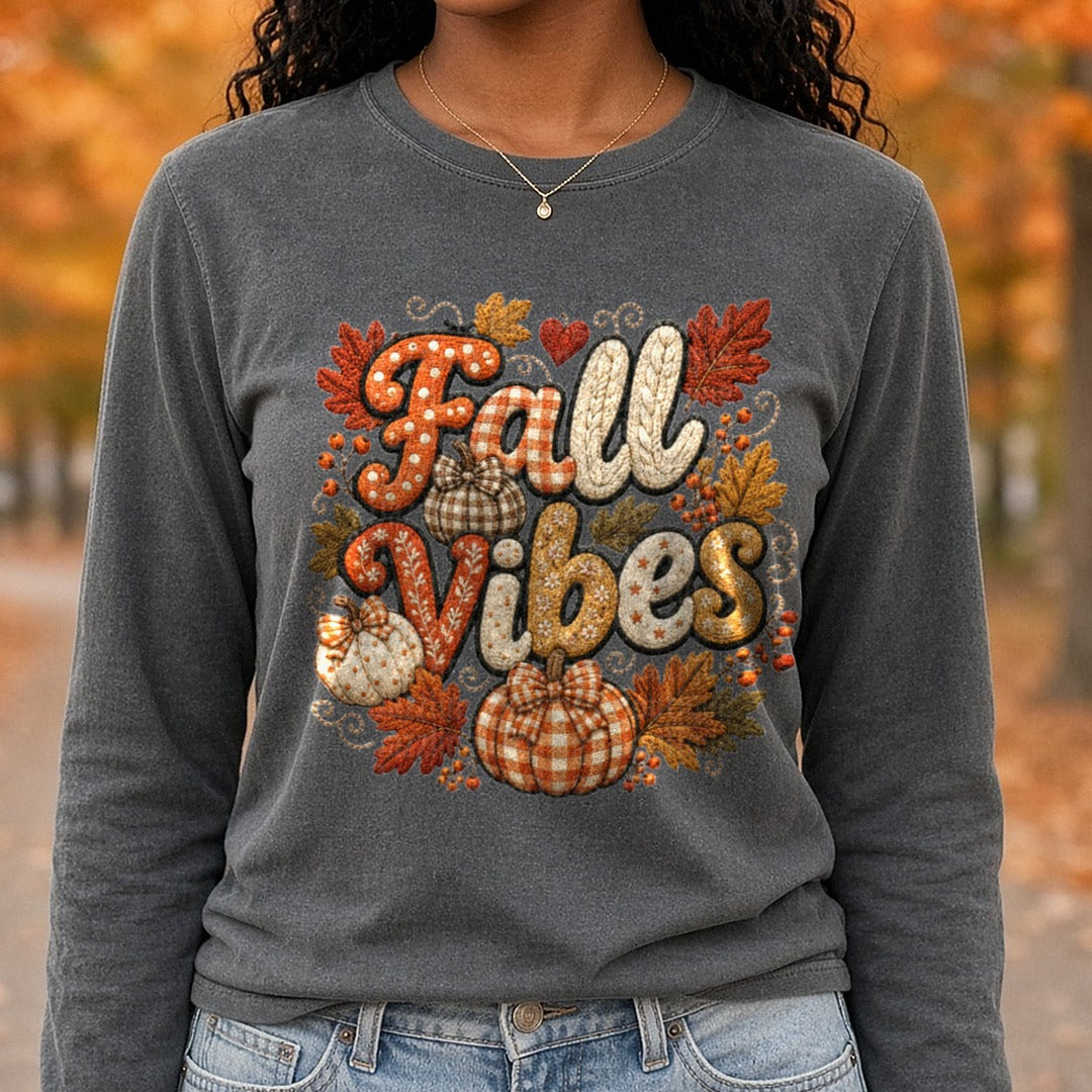 Fall Vibes Pumpkin Patchwork DTF transfer shown on a Comfort Colors long sleeve tee