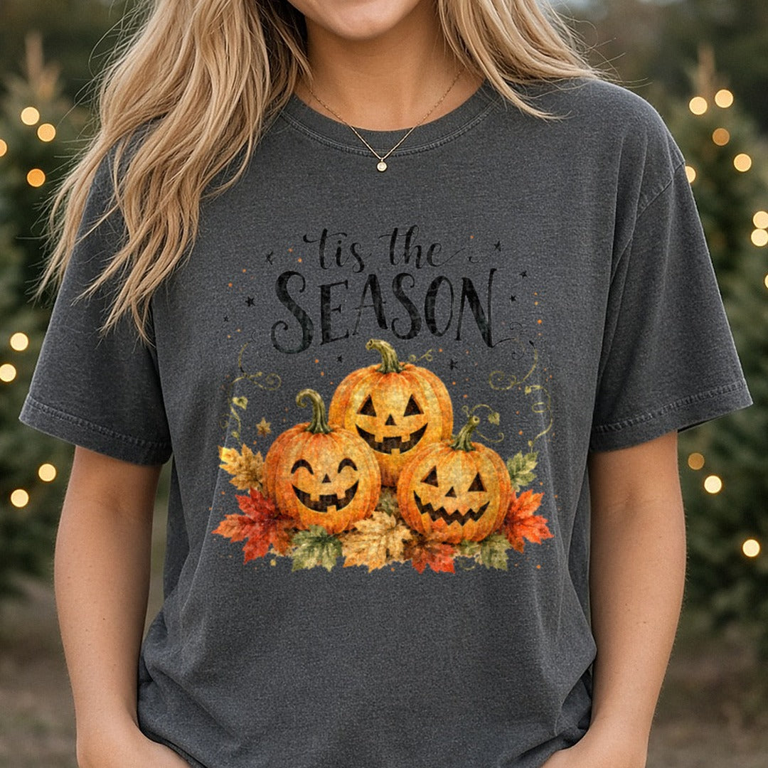 Tis The Season Pumpkins DTF transfer shown on a Comfort Colors tee