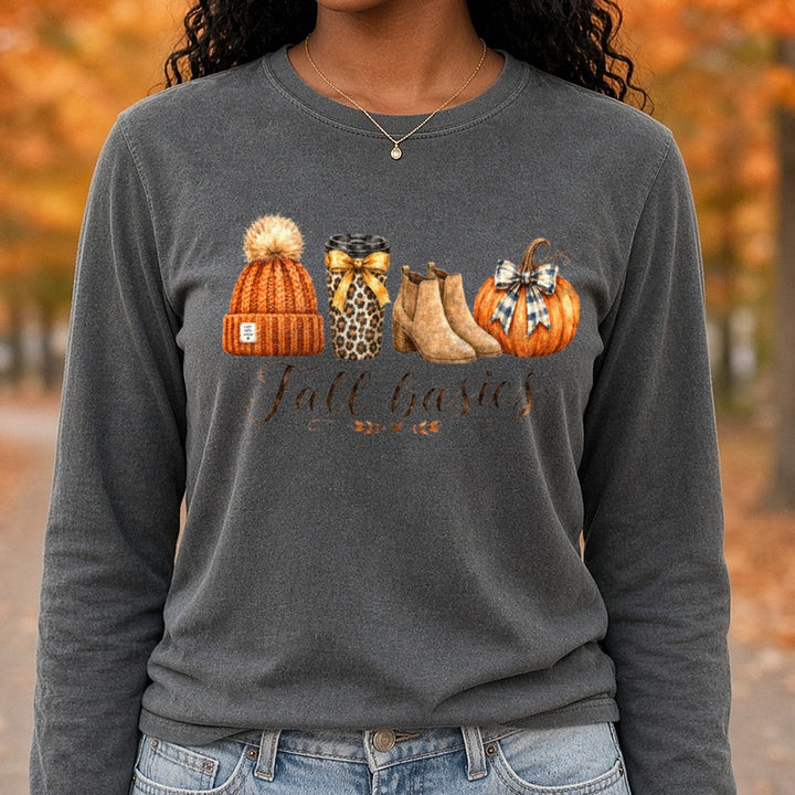 Fall Basics DTF transfer shown on a Comfort Colors long sleeve tee