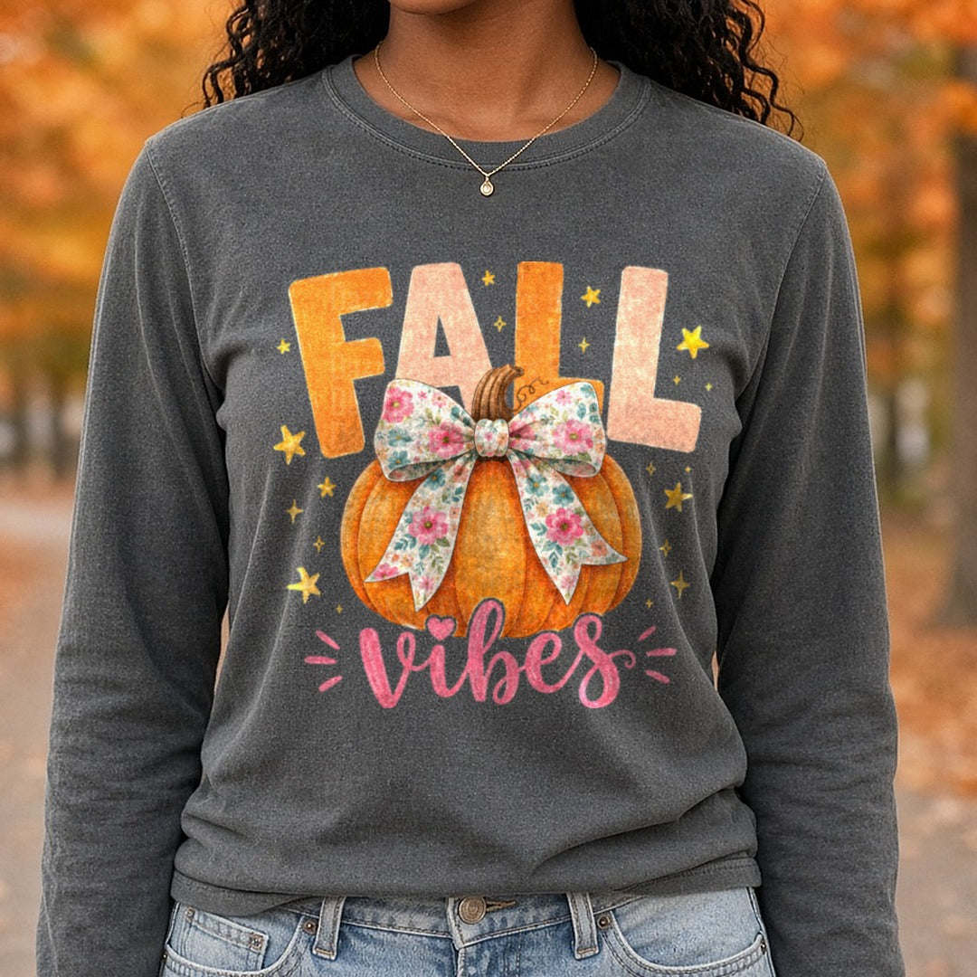 Fall Vibes Pink Bow DTF transfer shown on a Comfort Colors long sleeve tee