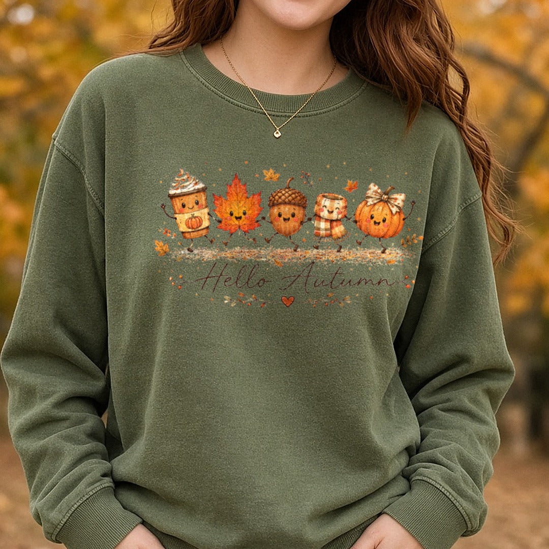 Hello Autumn DTF transfer shown on a Comfort Colors sweatshirt