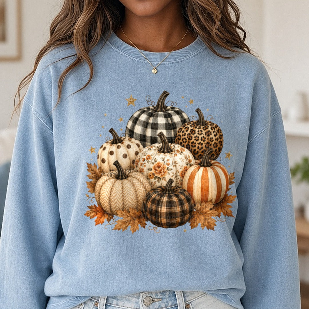Leopard and Gingham Pumpkins DTF transfer shown on a Comfort Colors sweatshirt