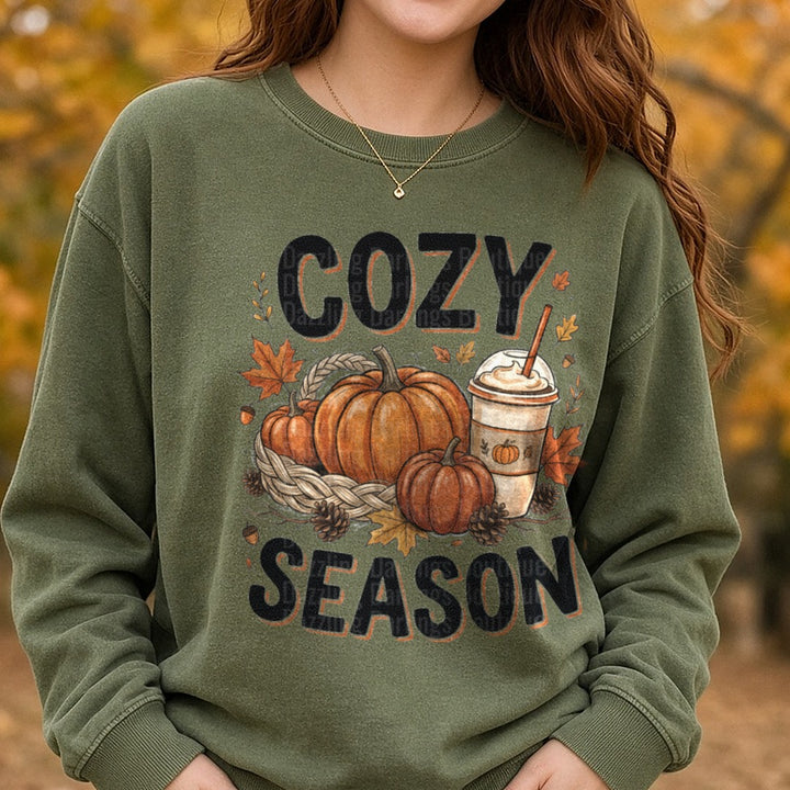 Cozy Season Pumpkins Latte Basket Black Letters DTF transfer shown on a Comfort Colors sweatshirt