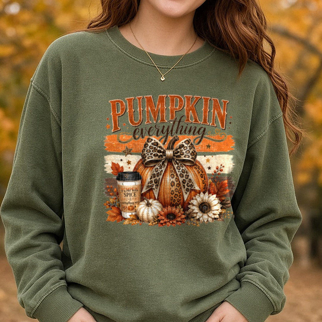 Pumpkin Everything DTF transfer shown on a Comfort Colors sweatshirt