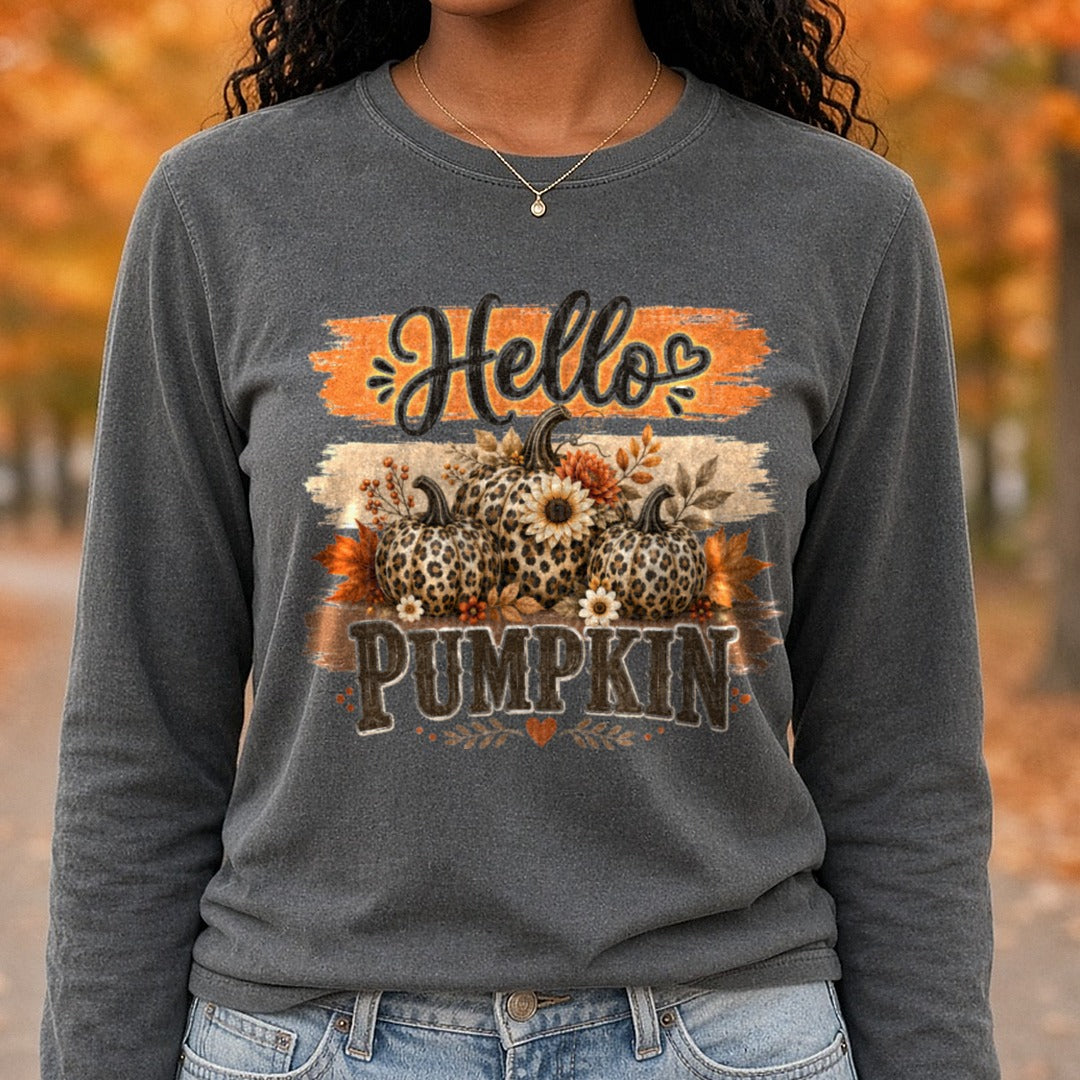 Hello Pumpkin Leopard DTF transfer shown on a Comfort Colors long sleeve tee