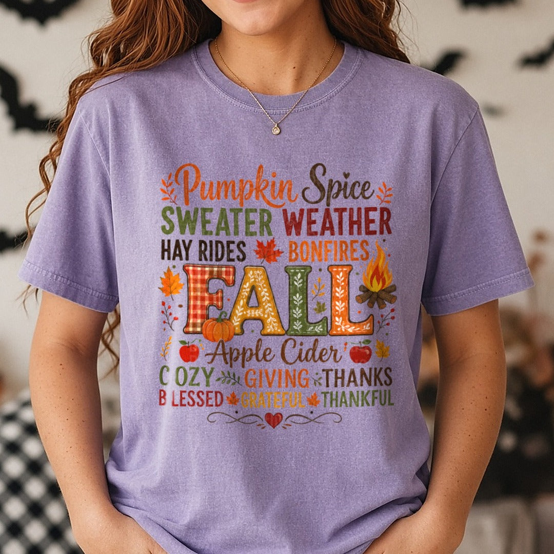 Pumpkin Spice Sweater Weather DTF transfer shown on a Comfort Colors tee
