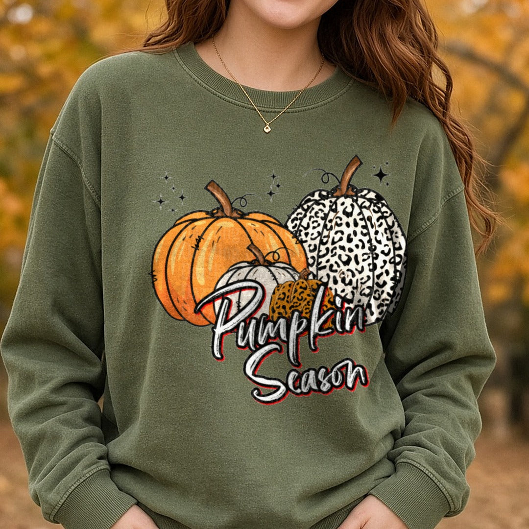 Pumpkin Season Leopard DTF transfer shown on a Comfort Colors sweatshirt