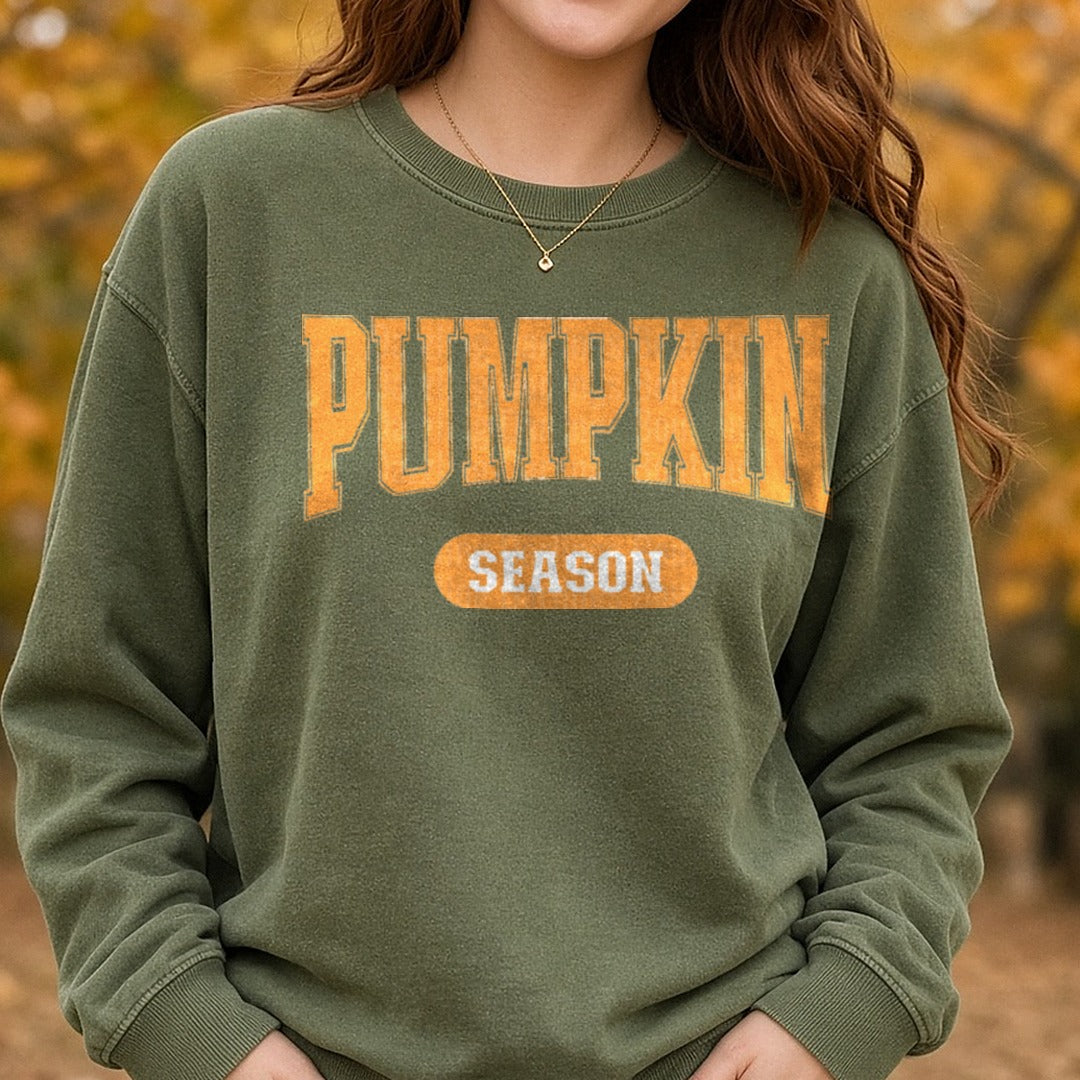 Pumpkin Season Orange DTF transfer shown on a Comfort Colors sweatshirt