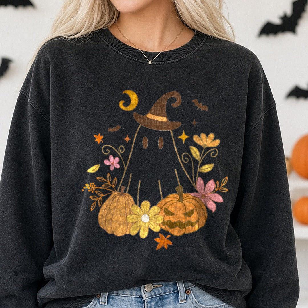 Ghost Fall and Flowers DTF transfer shown on a Comfort Colors sweatshirt