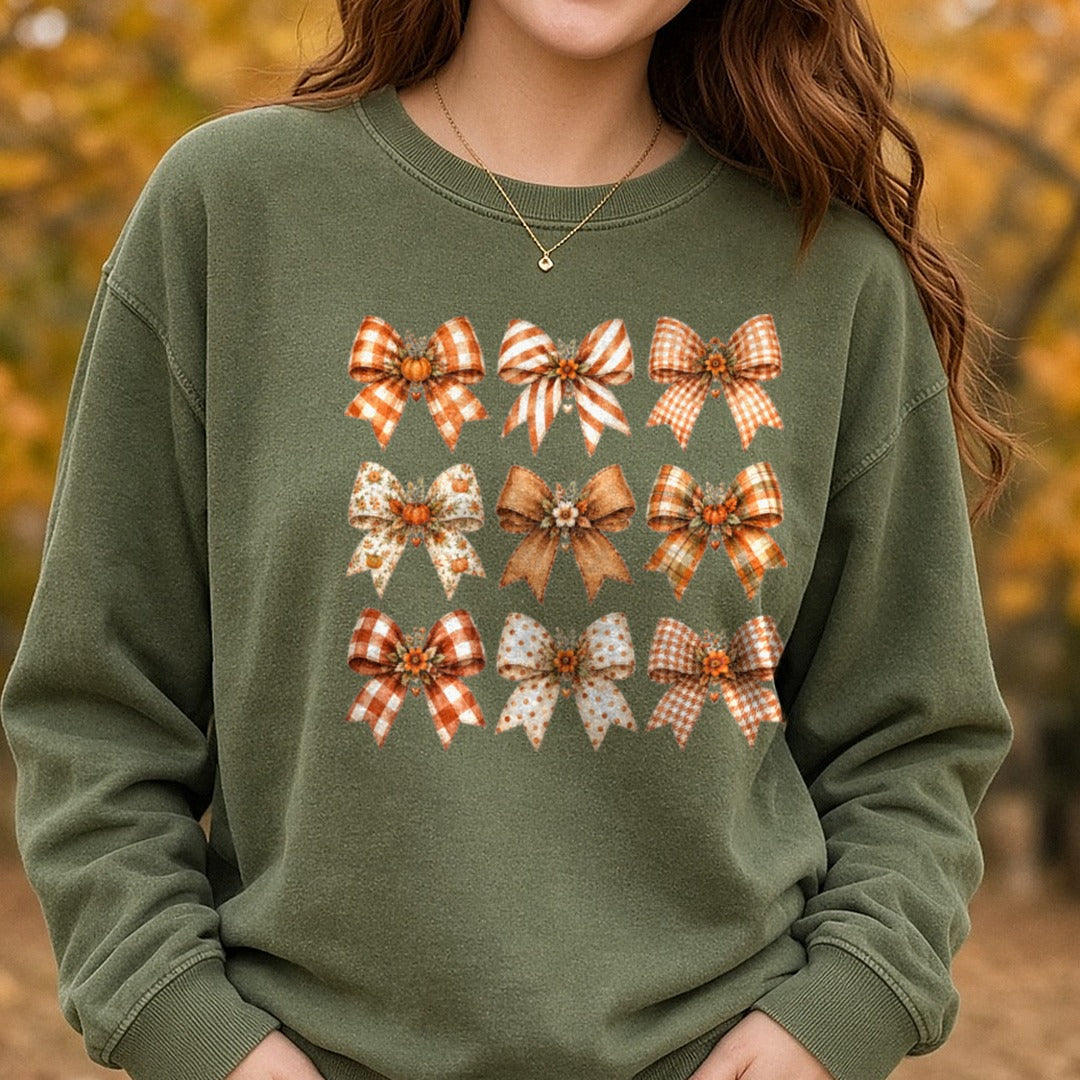Autumn Bows DTF transfer shown on a Comfort Colors sweatshirt