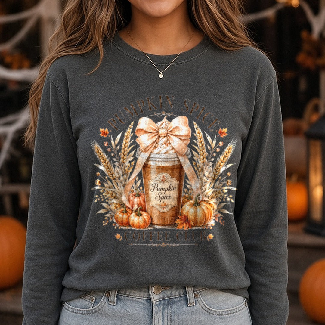 Pumpkin Spice Coffee Club DTF transfer shown on a Comfort Colors long sleeve tee