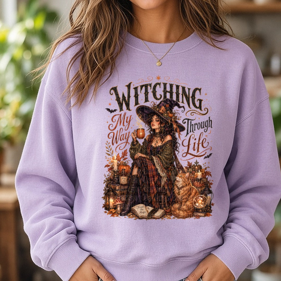 Witching My Way DTF transfer shown on a Comfort Colors sweatshirt