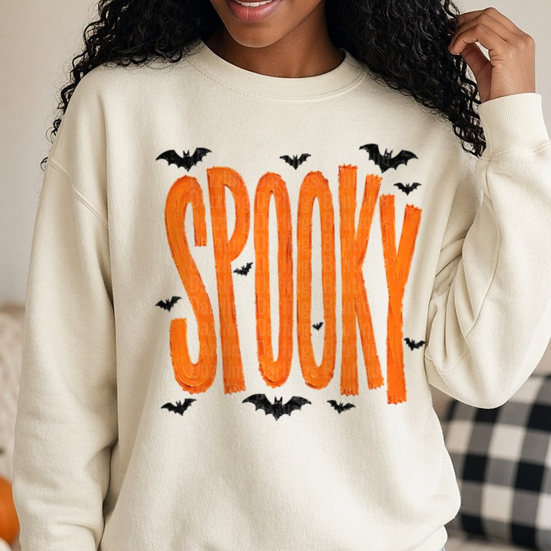 Spooky Bats DTF transfer shown on a Comfort Colors sweatshirt