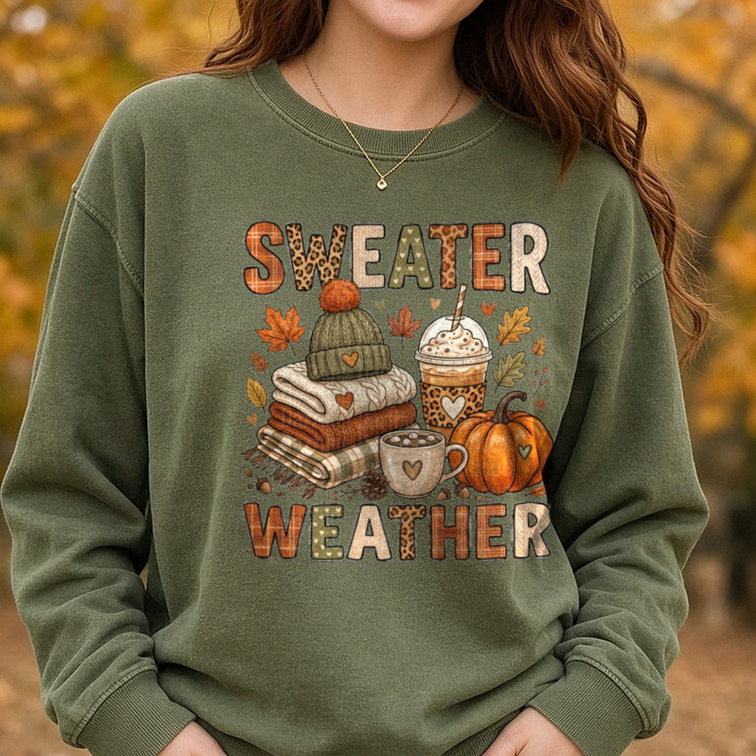 Sweater Weather DTF transfer shown on a Comfort Colors sweatshirt