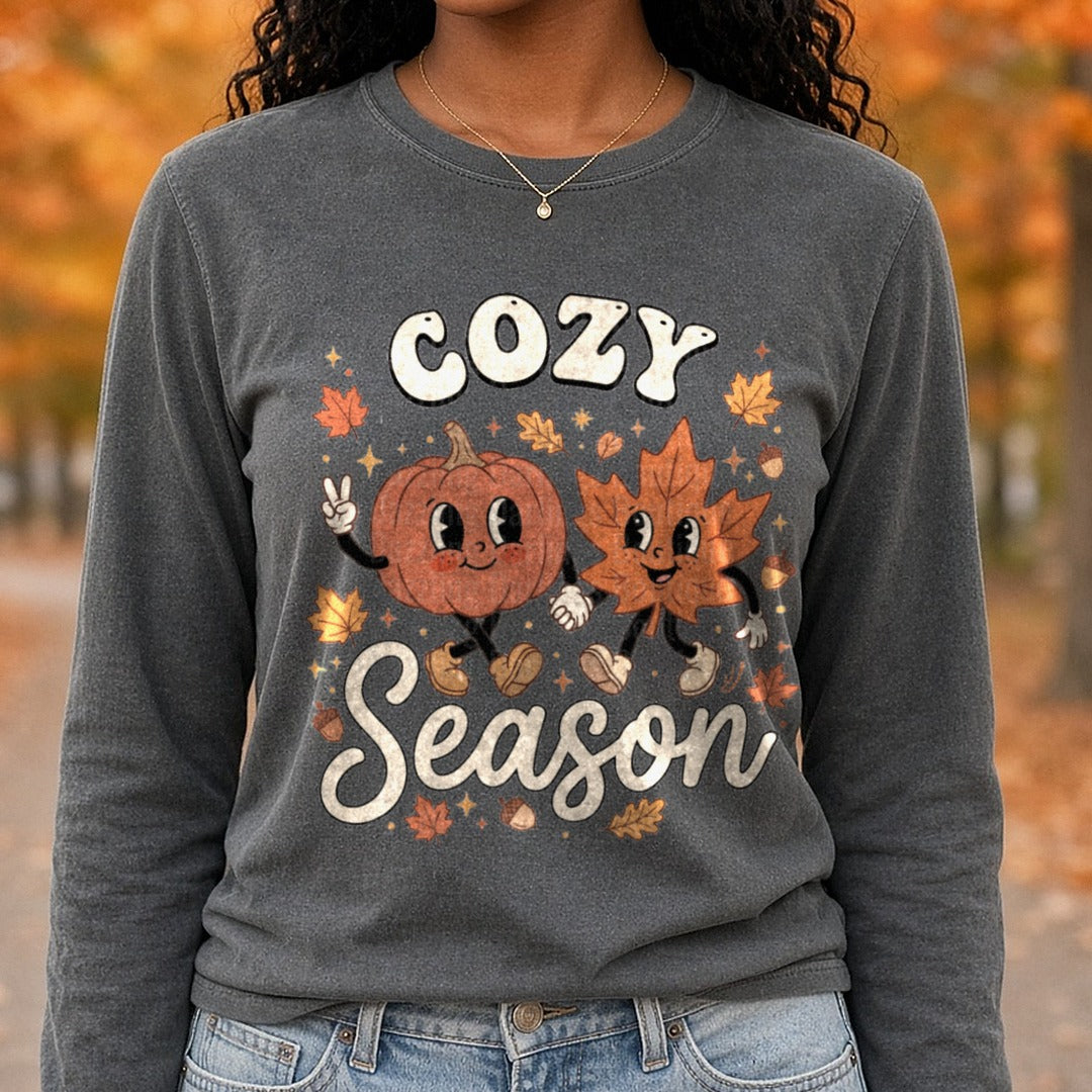 Cozy Season Pumpkin and Leaf DTF transfer shown on a Comfort Colors long sleeve tee